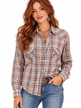 Panhandle Rough Stock Cotton Embroidered Plaid Button-Up Shirt in Orange Blue